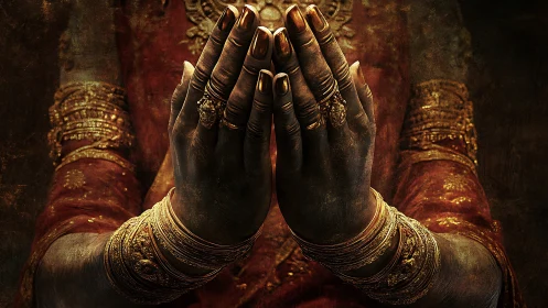 Gilded hands in prayer gesture with ornate bangles and rings