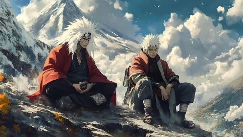 Two white-haired warriors resting on a rocky mountain ridge.