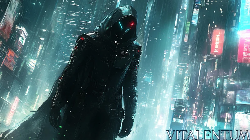 Cyberpunk cloaked operative in neon-drenched megacity skyline.