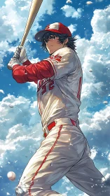 Confident anime baseball slugger ready to swing under bright sky.