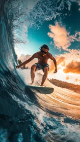 Dynamic surf action under curling wave at golden sunset.