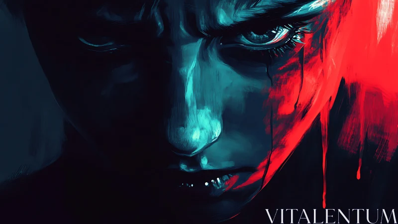 Brooding face glows in cyan light against bleeding red shadow
