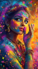 Digital painting portrait with prismatic Holi color cascade.