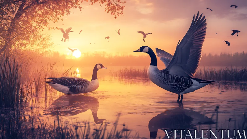 Canada geese in misty lakeside sunrise rendered in photoreal detail