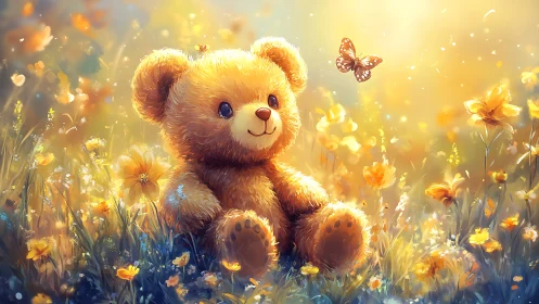 Teddy bear in golden meadow with sunlit butterfly encounter.