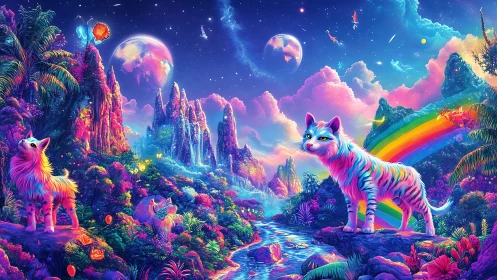 Chromatic feline guardians in neon bioluminescent valley.
