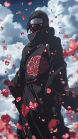 Masked cloaked figure with red petals against cloudy sky.