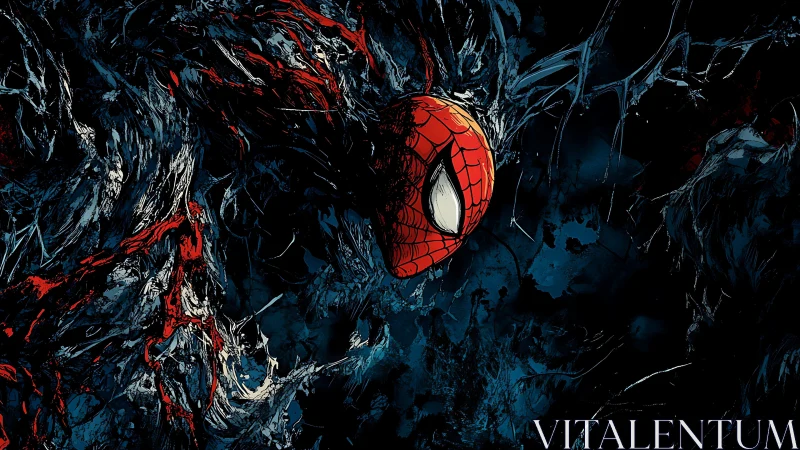 Webbed mask adrift in a storm of inky symbiotic shadows.