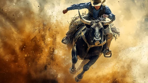 Rodeo rider maintains balance on charging bull amid dust