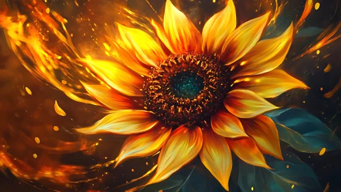 Glowing sunflower blooms with swirling golden firelight warmth.