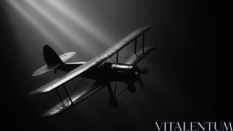 Vintage biplane drifting through quiet beams of light.