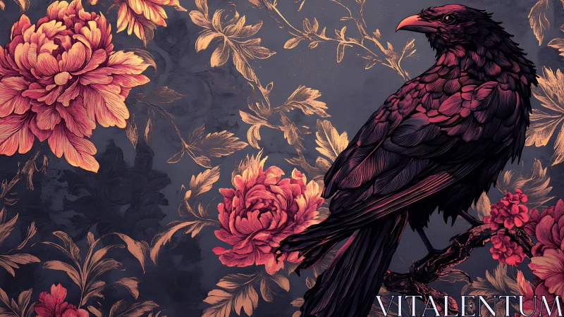 Crimson raven perched amid baroque floral ornamentation.