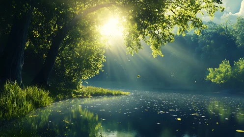Digital painting of sunlit woodland river with misty glow.