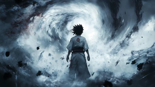 Solitary warrior confronts cosmic vortex in dynamic anime storm