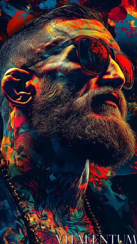 Neon-bearded rebel king drenched in splattered nightlife fire.