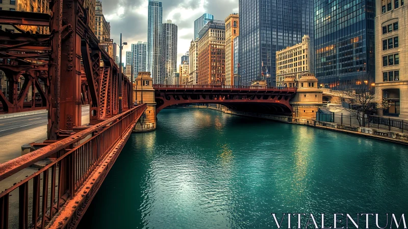 Urban river bridge spans teal water between tall towers