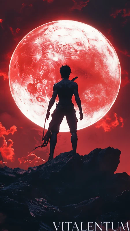 Lone warrior silhouette under colossal blood red moon.