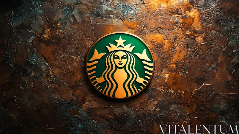 Starbucks siren logo glows against rich textured wall.