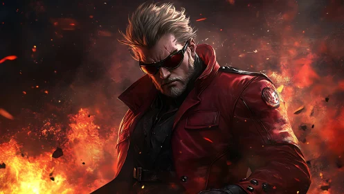 Cyber-noir antihero in red coat emerges from explosive inferno