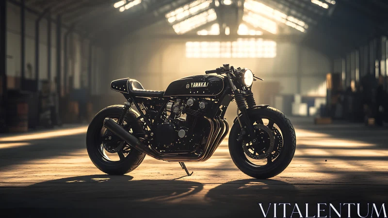 Photorealistic café racer motorcycle in cinematic warehouse light.