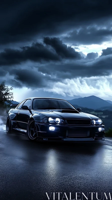 Midnight street racer prowls beneath storm‑lit clouds.