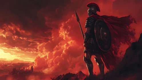 Roman warrior overlooking burning city under bloodred sky.