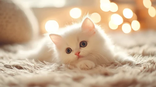 White Kitten on Textured Carpet with Warm Bokeh Lights.