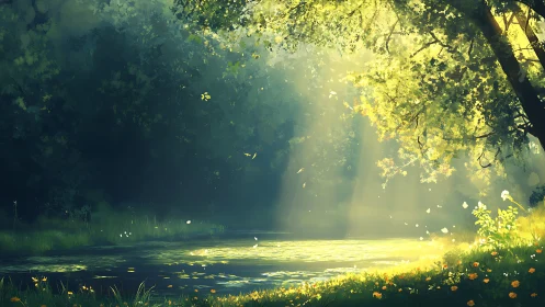 Sunlit forest pond where quiet morning light lingers.