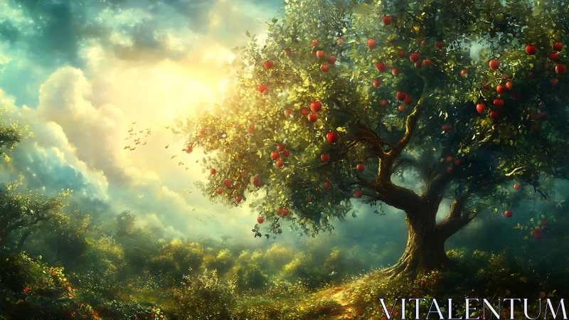 Luminous orchard vista with sunlit apple tree focal point.