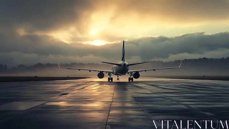 Passenger jet waits on misty runway under glowing sunrise