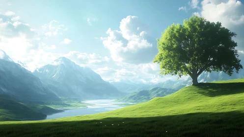 Sunlit green hillside welcomes a lone tree above calm lake