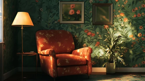 Sunlit floral armchair anchors a retro botanical interior
