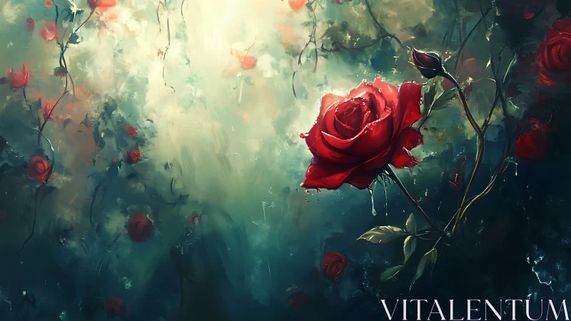Glistening red rose leans into soft, dreamlike forest light