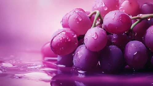 Glowing pink grapes rest in glossy water reflections.