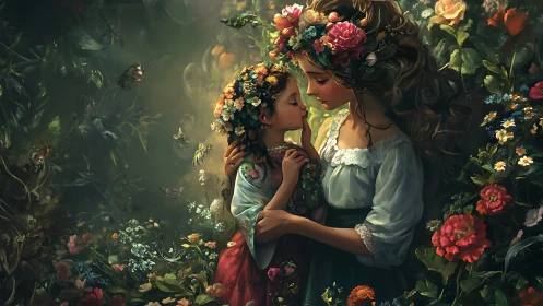 Two figures with floral crowns in botanical garden setting.