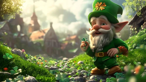 Small bearded character in green clothing walks on clover path