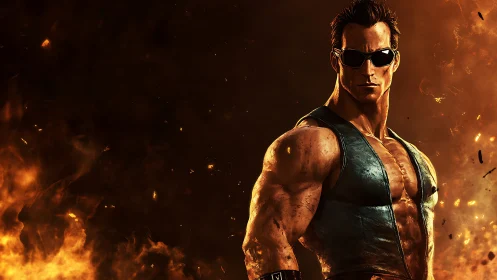 Muscular sunglasses fighter stands against fiery backdrop.