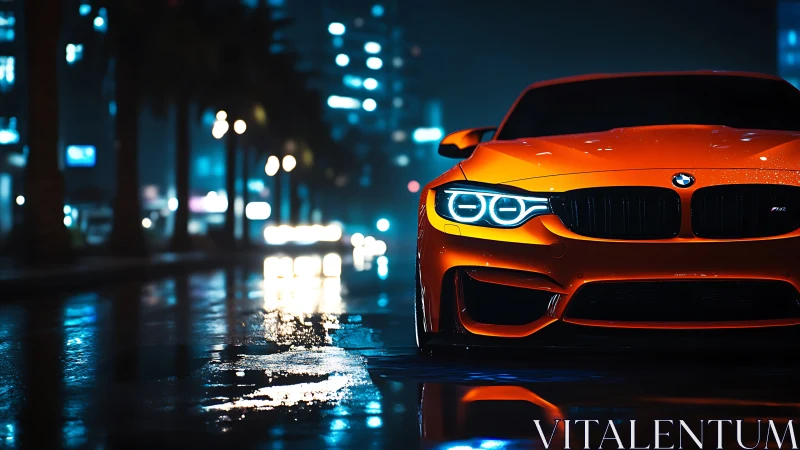 Neon rain crowns an orange sports car stalking city streets
