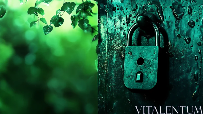 Oxidized padlock against rain-soaked metal and verdant bokeh field.
