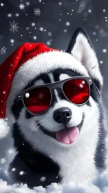 Husky wears Santa hat and red sunglasses in falling snow