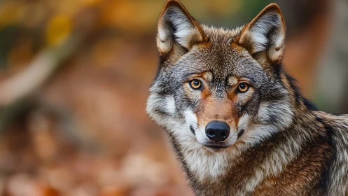 Autumn woodland wolf portrait captured with shallow depth of field