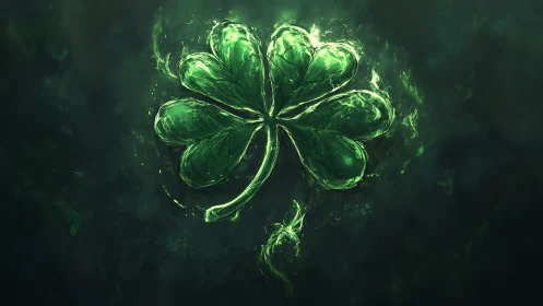 Glowing green four leaf clover on dark abstract background.