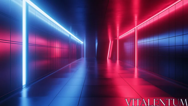 Neon lit sci fi corridor glowing with soft blue and pink light.