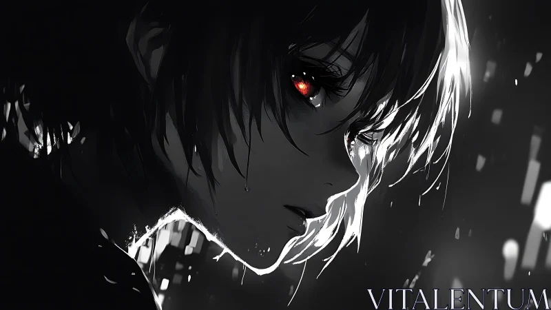 Side profile anime portrait with glowing red eye in dark