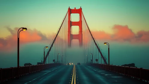 Golden Gate Bridge glows through dense coastal fog at dusk.