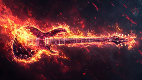 Electric guitar engulfed in stylized flames on dark field.