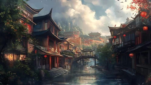 Lanternlit canal town dreaming under cloud-bright mountains.