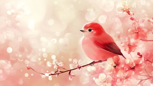 Red bird perched on branch amid pink floral background composition