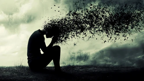 Silhouetted figure dissolves into scattered birds and fragments.