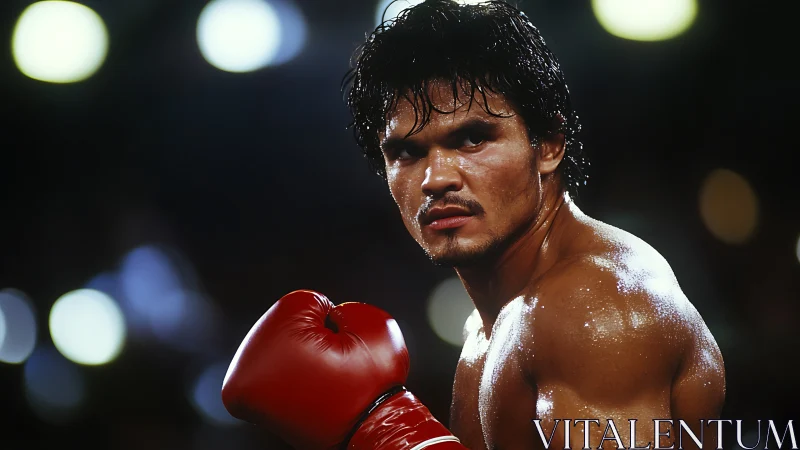 Glistening Pugilist: Red Gloves Gleam Under Stadium Lights